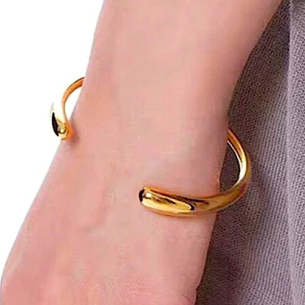 Gold Irregular Geometric Bangle Bracelet, Thick & Thin Cuff, Gold Plated - Picture 3 of 10